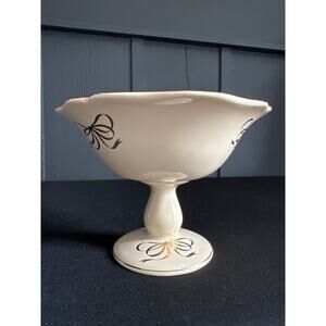 Vintage Teleflora Gold Tone Bow Accent Pedestal Bowl Trinket Candy Dish